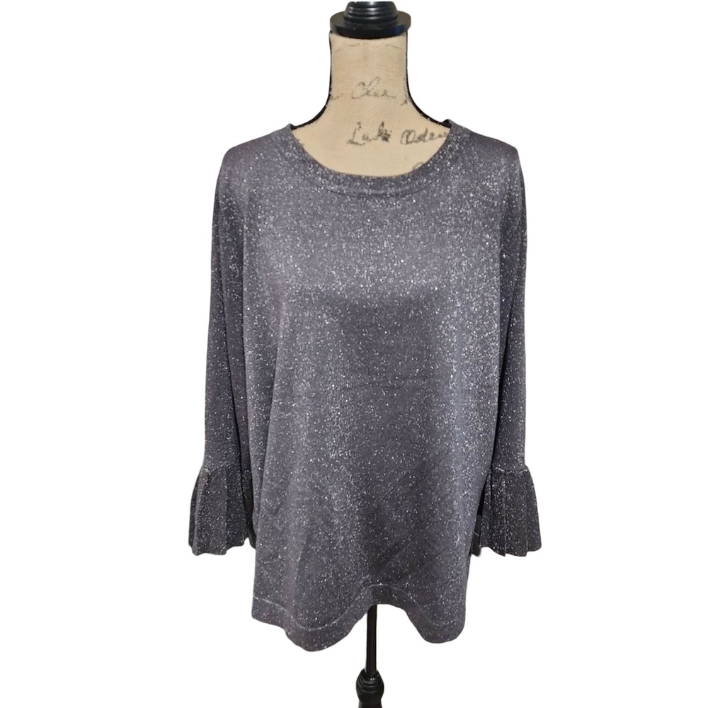 Cable & Gauge Grey metallic ruffled Bell sleeve dressy sweater plus size 2X New